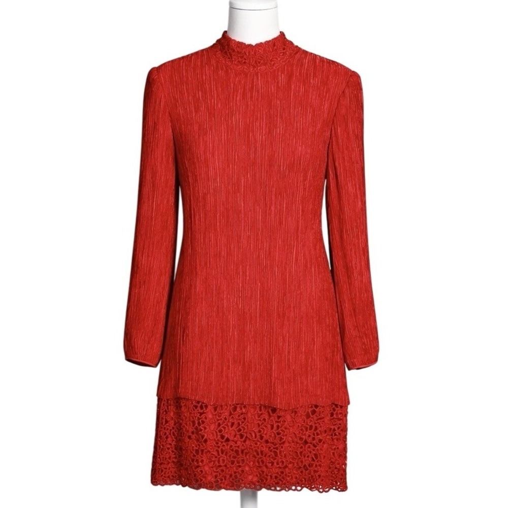 Vintage Pierre Labiche Red Sheath Dress 14 Pleated Mock Neck Lace Hem Retro